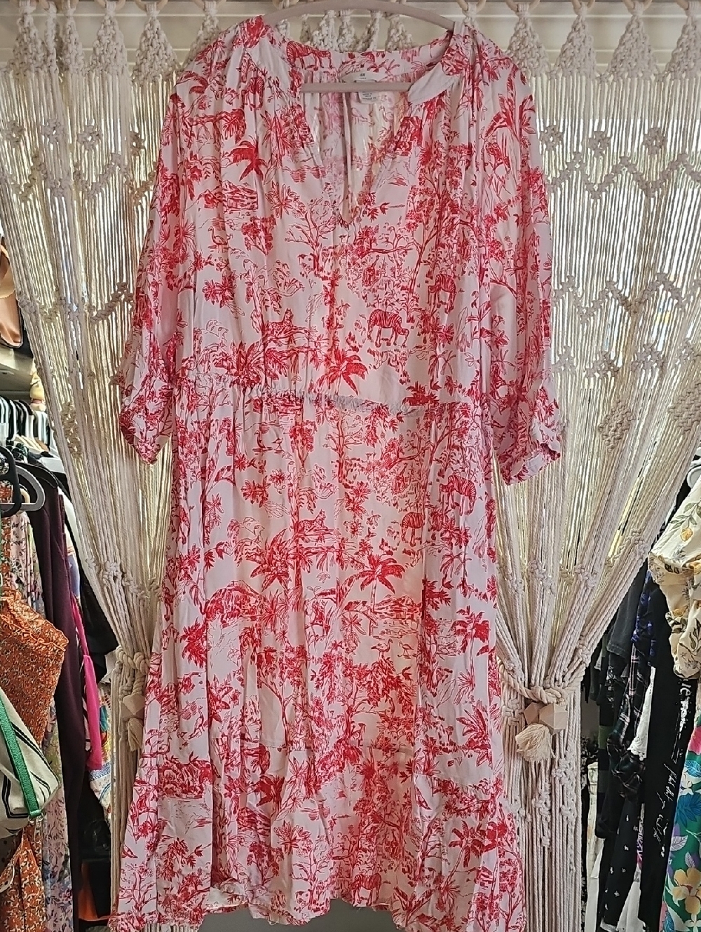 White Dress with Red Toile Print